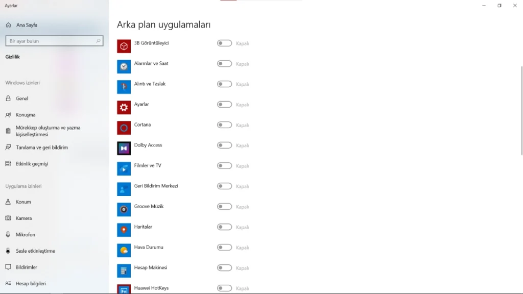 Windows 10 arka plan uygulamalarını kapatma.