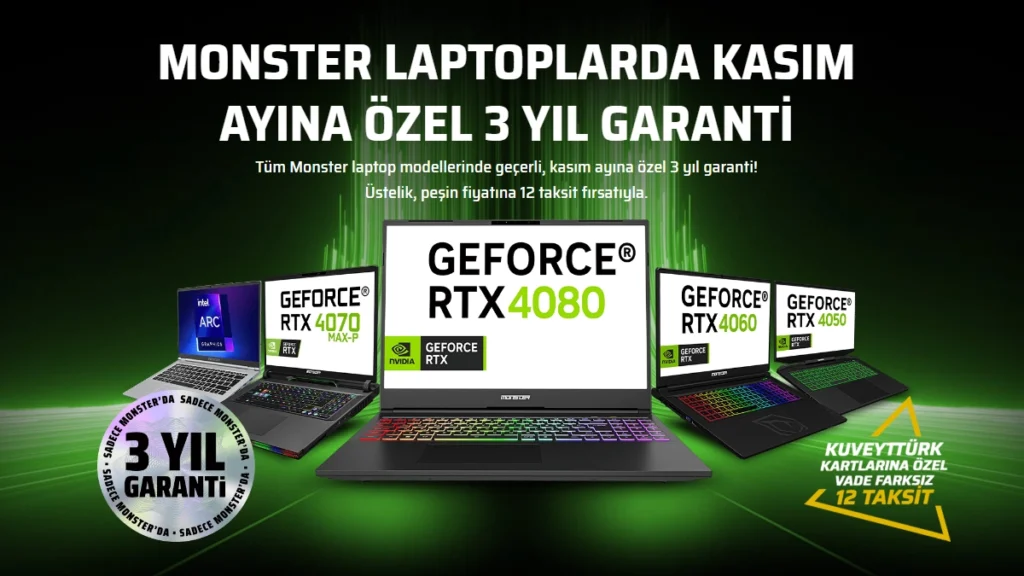 Monster Notebook kasım ayı kampanyasında uzatılmış garanti, peşin fiyatına taksit imkanları ve indirimli ürünler dikkat çekiyor.