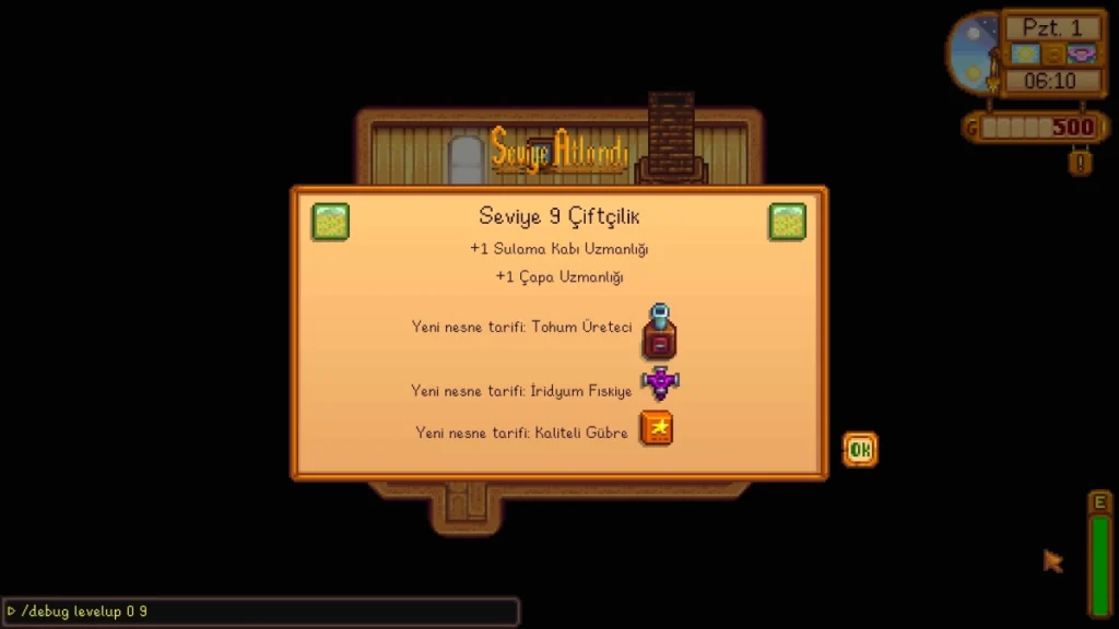 Yetenek seviyesini artırmayı sağlayan Stardew Valley hile kodunun kullanımı.