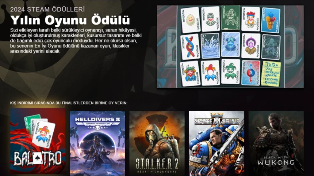 Steam Ödülleri'nde "Yılın Oyunu" kategorisinin adayları.